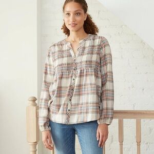 Knox Rose Peasant Plaid Long Sleeve Button-Down Blouse Shirt